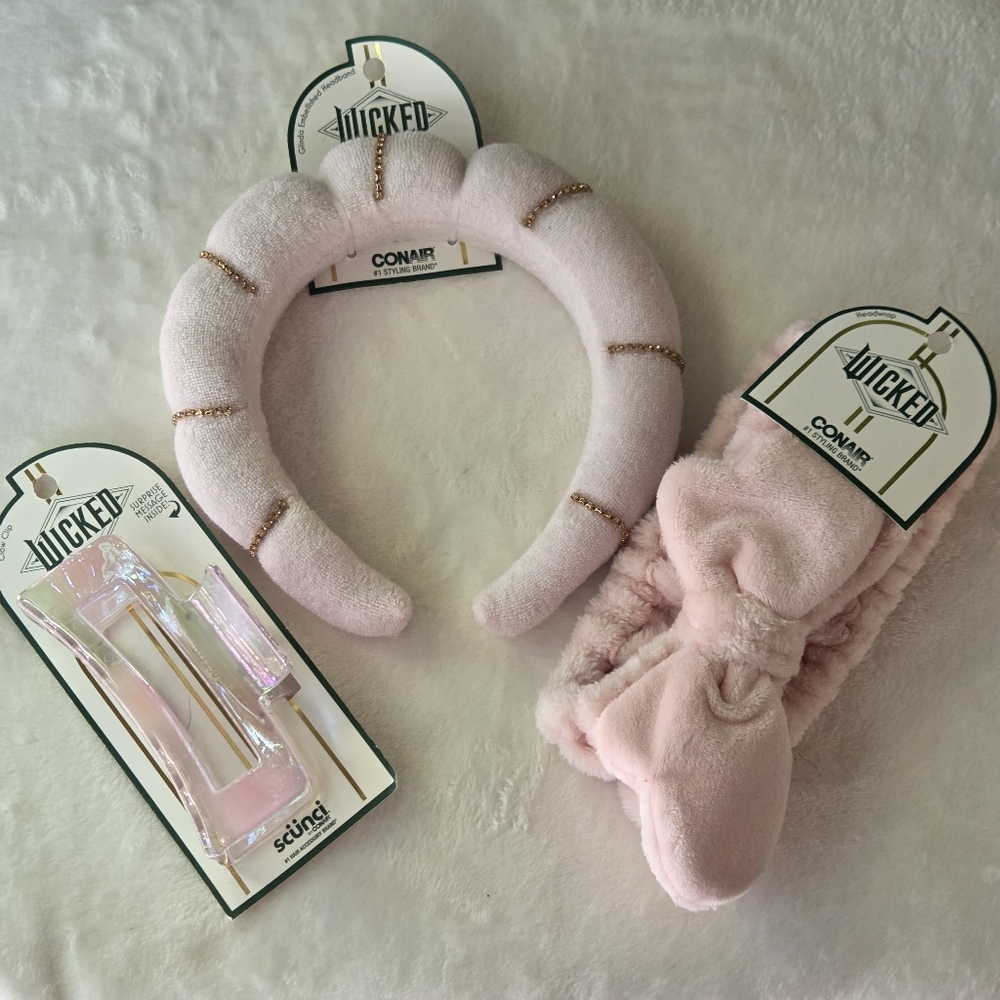 Wicked Glinda Conair Scunci 3 Pack Pink Headband Bow Headwrap Claw Hair Clip NWT